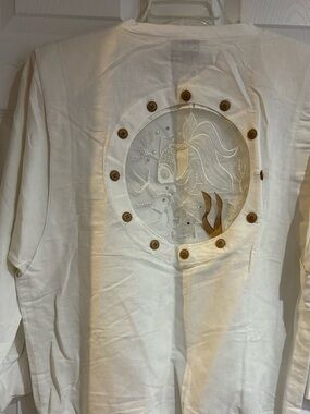 Vintage Bonnie Boerer white linen blouse with sequin & buttons peek a boo back.